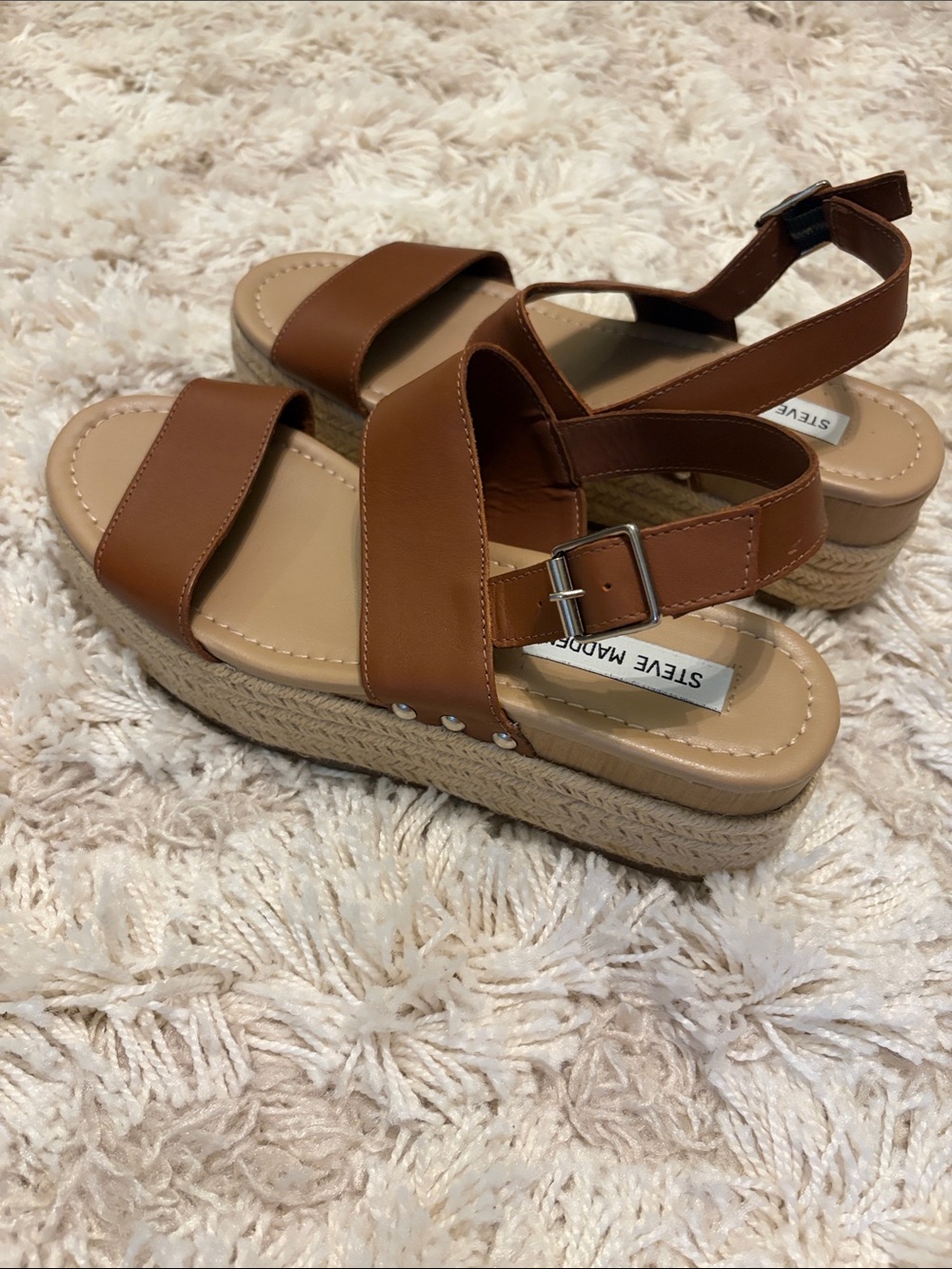 Steve Madden Espadrille Platform Leather Sandals Strappy Ankle Jute Brown 9.5